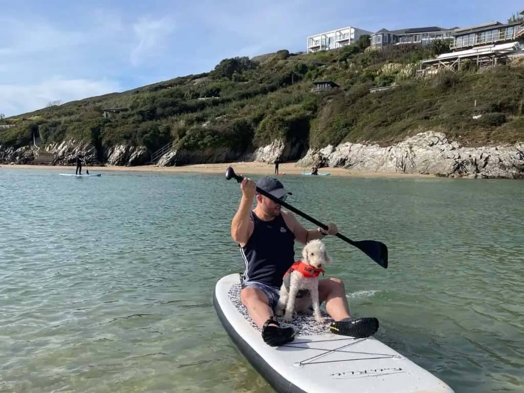 Crantock Paddle boarding with a dog