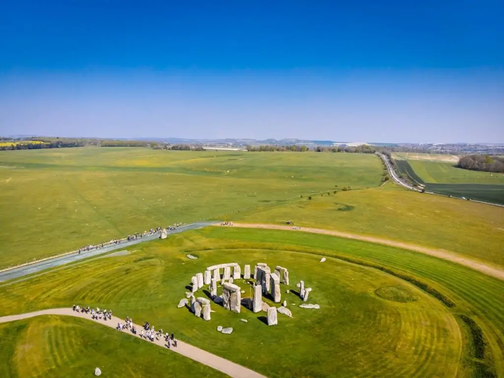 Stonehenge aerial view, looking over the countryside
