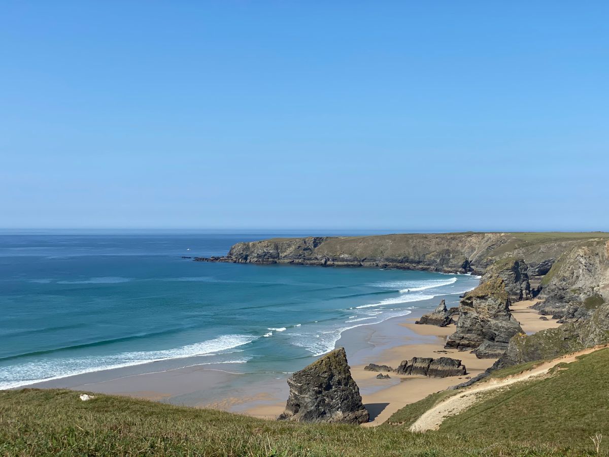 bedruthan Steps coastline in Cornwall in September